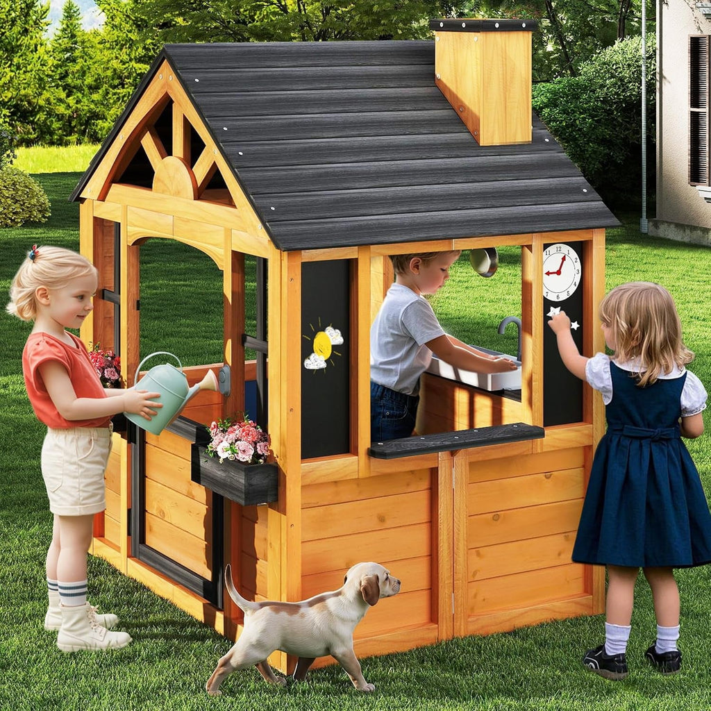 Cedar Kids Outdoor Playhouse With Kitchen Accessories