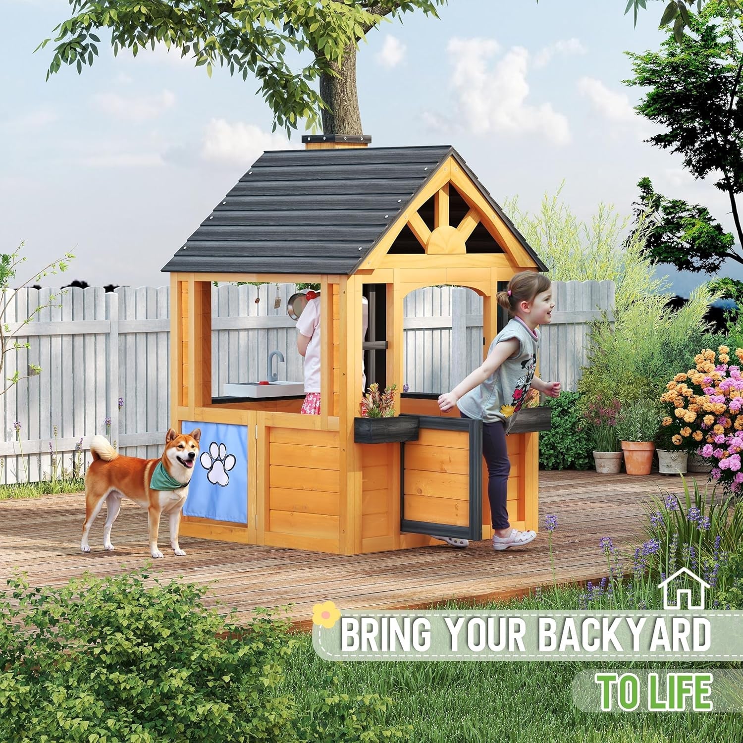 Cedar Kids Outdoor Playhouse With Kitchen Accessories