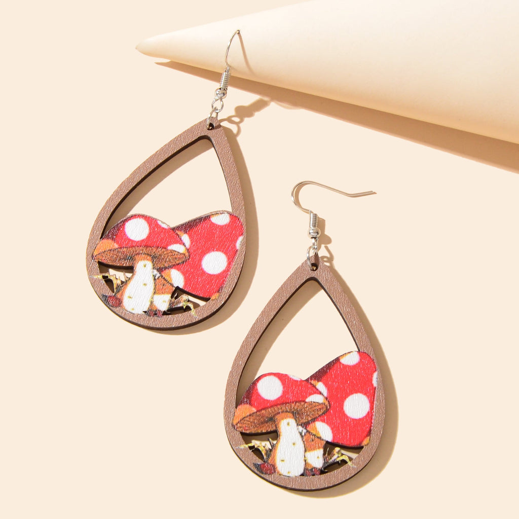 Vacation Jewelry Mushroom Water Drop Wood Earrings for Women Stylish Accessories