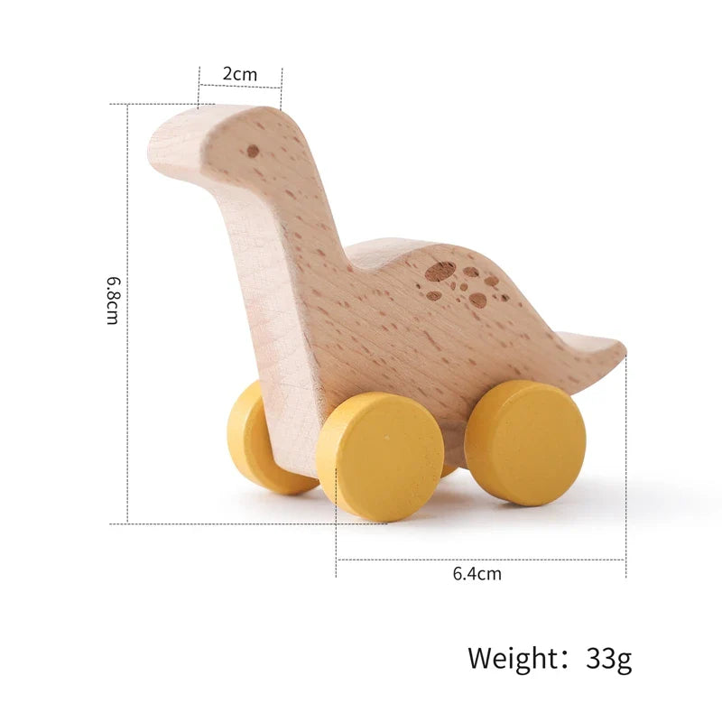 1 pc Beech Wood Montessori Toy Dinosaur with wheels multivariant